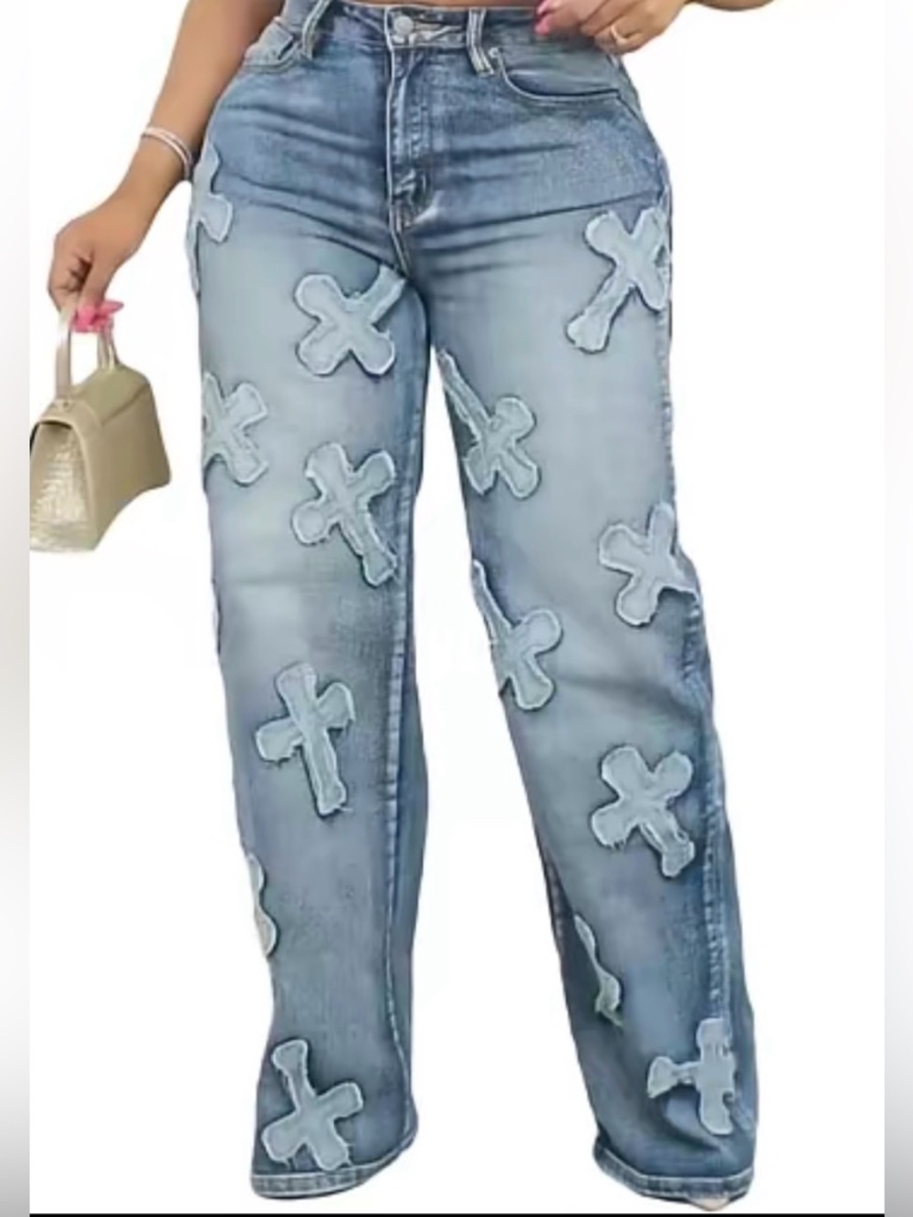 Women’s Light Blue Distressed Patchwork Jeans
